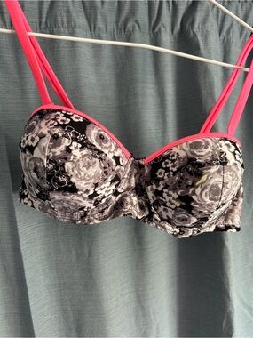 Floral Print Strapless Bikini Top with Pink Trim